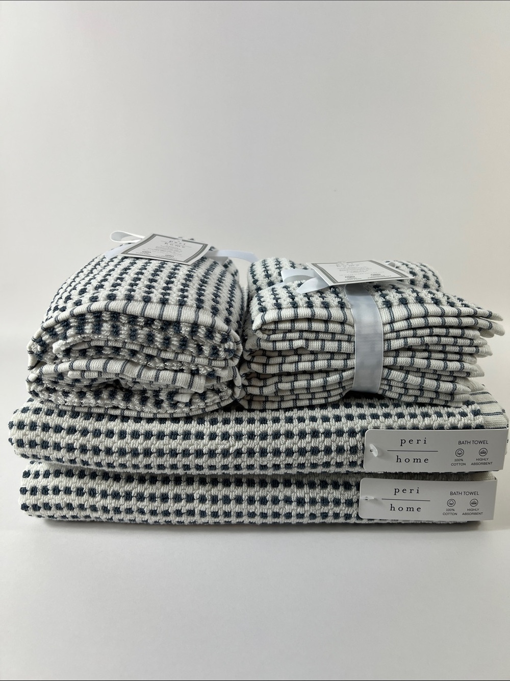 Peri Home Bath Towels Navy & White Modern Design Soft Cotton 8 Pc Set NEW